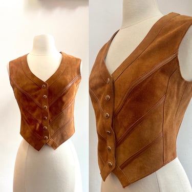 Vintage 70’s Fitted SUEDE VEST Waistcoat / CHEVRON Leather Detail + Snap Front / Suede & Leathercraft Limited / Made in England 