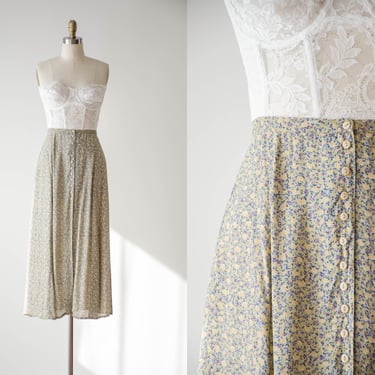 cute cottagecore skirt | 90s vintage pastel sage green yellow ditzy floral long flowy button down midi skirt 