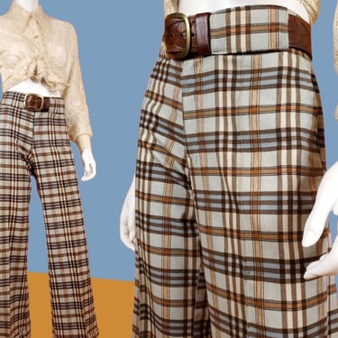 1970s vintage plaid pants. Super soft trousers in brown & blue with a wide cuffed leg. Stiched crease. Crazy belt loops. (31 x 31) 