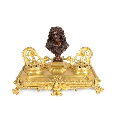 19th Century French Gilt Bronze Encrier Desk Stand Mounted with Moliere Bust Sculpture, Double Inkwell, Signed JF 