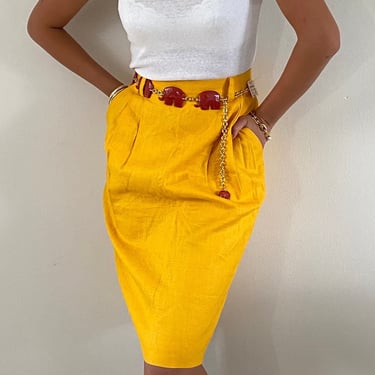 90s linen skirt / vintage deadstock marigold yellow 100% linen knee length pleated skirt | 27 Waist 
