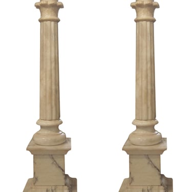 Pair of French Neoclassical Alabaster Column Table Lamps