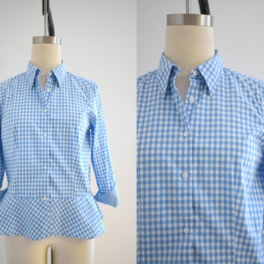 1990s Lauren Blue Gingham Blouse with Peplum 