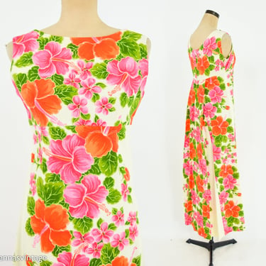 1970s Orange Floral Hawaiian Maxi Dress | 70s Pink & Orange Maxi Dress | Ui-Maikai | Medium 