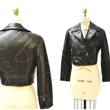 Vintage Black Leather Motorcycle Jacket by Moschino Leather Oops Heart Made in Italy// 90s Black Leather Jacket Biker Medium Large 