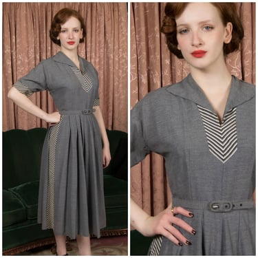 1950s Dress  - Smart Vintage 50s Day Dress in Heathered Grey with Striped Insets 