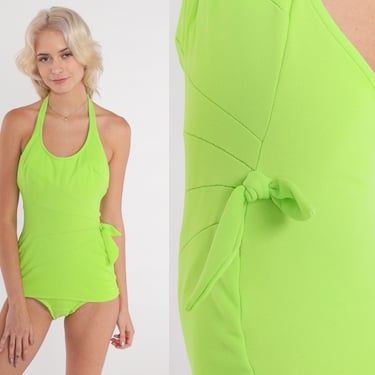 Lime Green Swimsuit 70s Piece Bathing Suit Low Open Back Halter Neck Swim Suit Full Coverage Bright Bow Basic Mod Vintage 1970s Retro Small 