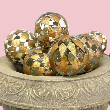 Vintage Glass Ball Decor Retro 1900s Sterling Industries + Handblown + Gold Diamond + Harlequin Design + 2 Sizes/11 Pieces + Home Decoration 