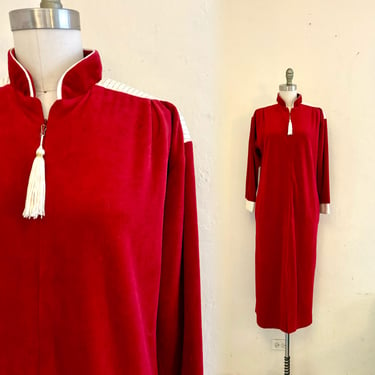 vintage 80's red velour robe zip up robe with tassel & pockets holiday 