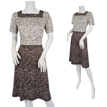 1970's Brown White Painterly Flower Print Dress I Sz Med 