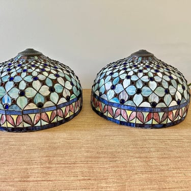 Vintage Tiffany Style Blue Stained Glass Dome Lampshades - Set of 2 