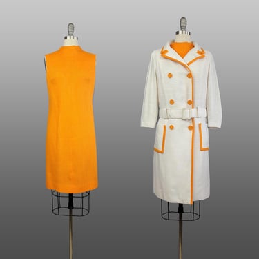 1960s Dress Set / Dress With Matching Coat / Mod Dress / 1960s Orange dress / 1960s Double Breasted White coat / Size Medium 