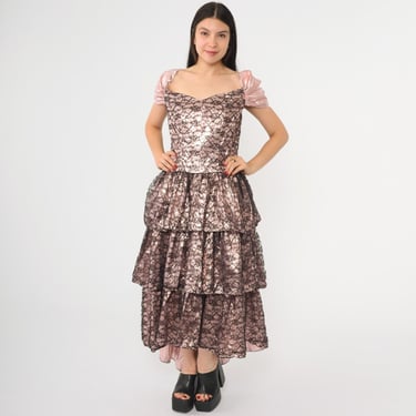 80s Pink Metallic Taffeta Gown Black Lace Party Dress Midi 1980s Formal Tiered Prom Vintage Sweetheart Neckline Puff Sleeve Cupcake Large 