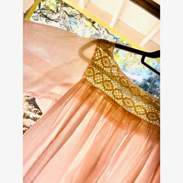 Crochet Pale Pink Gauze Dress // vintage sun 70s 1970s boho hippie country hippy midi // O/S 
