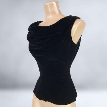 VINTAGE 50s Cowl Neck Black Velvet Evening Blouse by Modern Junior Gale & Gale M/L | 1950s Draped Fitted Formal Peplum Top Shirt | VFG 