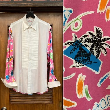 Vintage 1980’s Hawaiian Theme Tuxedo Style Pop Art Print Shirt, 80’s Neon Beach, Vintage Clothing 