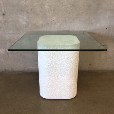 Local Long Beach CA LA Pick Up - Post Modern White Plaster Side Table with Glass Top - Textured Pedestal End Table - 80s 90s Hoe Decor 