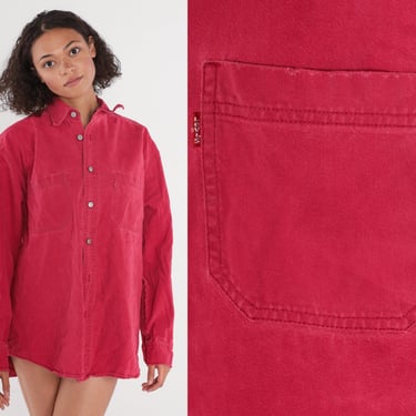 Levis Denim Shirt Y2K Red Button Up Shirt Levi Red Tag Boyfriend Shirt Retro Streetwear Long Sleeve Cotton Oxford Vintage 00s Mens Medium M 