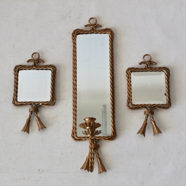 Vintage Mid-Century Bronze Brass Finish  Rectangular Mirror and Candle Holder Twisted Wire Border Tassel Detail- Three piece Set 