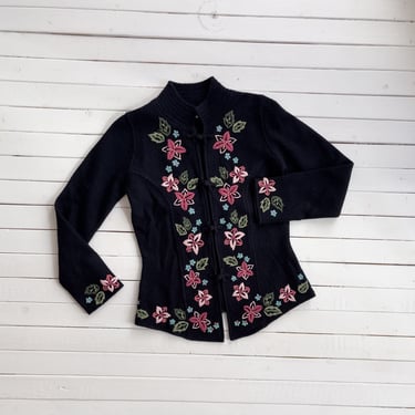 black embroidered sweater 90s vintage boiled wool cottagecore floral cardigan 