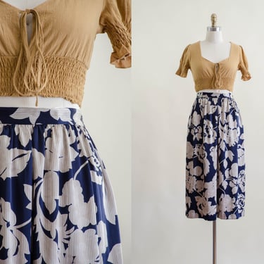 navy blue silk skirt | 80s vintage dark blue cream floral pinstripe liquid silk charmeuse knee length skirt 
