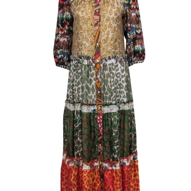 La Prestic Ouiston - Green, Yellow & Red Print Silk Midi Dress w/ Tiered Skirt Sz S