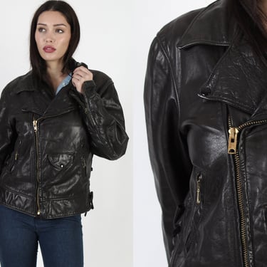 Mens Golden Bear Black Leather Motorcycle Jacket, 70s Talon Zip Up Biker Coat, Made In California USA Size 42 