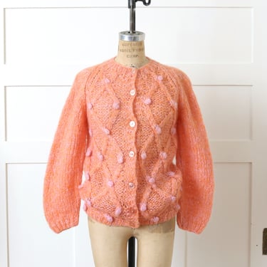 womens vintage fuzzy knit cardigan • 1960s hand knit sherbet orange & pink wool sweater 