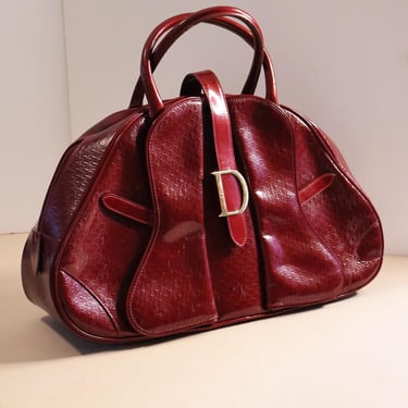 Christian Dior Rare Double Saddle Bowler Bag in Burgundy Patent Diorissimo with Gold Hardware Oxblood John Galliano Y2K CD 