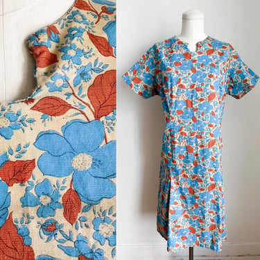 Vintage 1960s Blue & Brown Floral Dress / L 