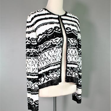 Sorry, Not Sorry - Fabulous fully Sequin Beaded - Black and White - Trophy Cocktail Jacket - Estimated size XL 