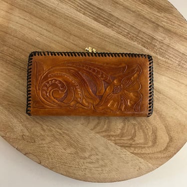 Vintage 90s WM Handmade Brown Genuine Leather Tooled Snap Closure Wallet 