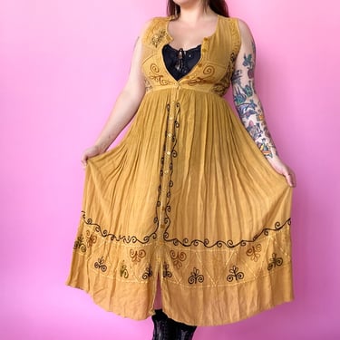 1990s Yellow Embroidered Dress, sz. L