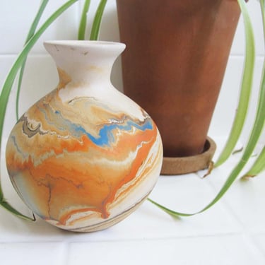 Vintage Nemadji Pottery - Marbled Swirl Bud Vase -  Orange Blue Tie Dye Tabletop Pottery - Bohemian Hippie 70s Decor 