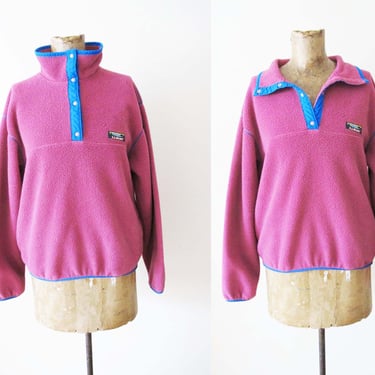 Vintage 90s LL Bean T Snap Fleece Pullover S M - Pink Blue Colorblock 1990s Tall Mock Neck Collared Fleece Jumper - Made in USA 