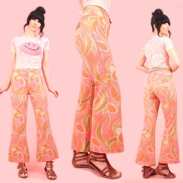 Vintage 60's 70's Wrangler Flares // Pink Batik Psychedelic All Over Print Bell Bottoms // Bell Bottom Pants // 1970's 1960's HiPPiE 25 