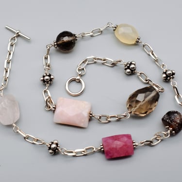 90's sterling gemstones asymmetrical choker, 925 silver quartz spinel tourmaline MOP paper clip chain necklace 