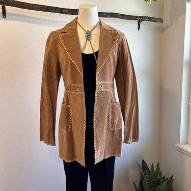 Vintage Y2K INC Tan Genuine Leather Weaved Open Style Long Blazer Jacket Size S 