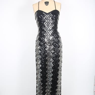 Vintage Dress 70s Black & Silver Maxi Dress Sequin Dress Open Lace Up Back Studio 54 Disco Evening Dress Party Dress Formal Dress Glamo 