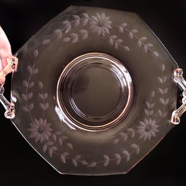 1930's Pink Floral Etsched Glass Platter Serving Tray Plate With Handles Vintage ART DECO Depression Glass 1920's dish 