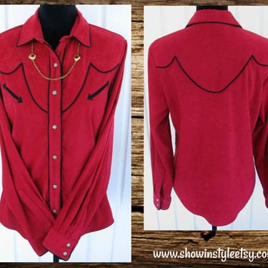 RoughRider Vintage Retro Western Women's Cowgirl Shirt, Rodeo Blouse, True Red with Black Piping, Tag Size Medium (see meas. photo) 