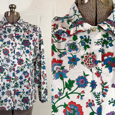 Vintage Ruffle Floral Button Front Shirt Blue White Red Take #1 Long Sleeve Large 1970s 