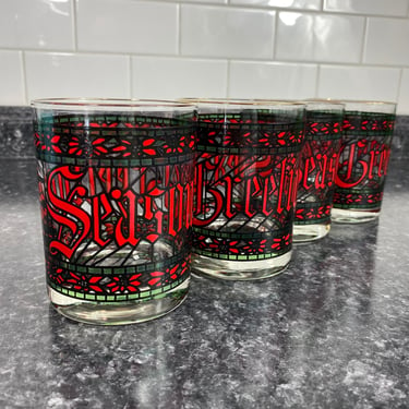 Vintage Double Old Fashioned Seasons Greetings Christmas Glasses set of 4, HOUZE 12oz, Sears "Seasons Greetings" Glassware Collection, MCM 