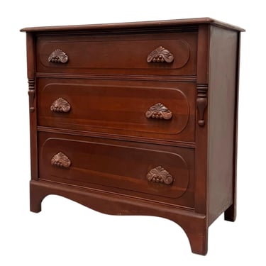 Free shipping within continental US - Vintage Mahogany Wood Dresser 3-Dovetailed Drawers with Solid Wood Ornate Pine Cone Handle Design 