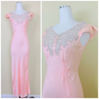 1940s Pink Silk Taupe Lace Bias Cut Nightgown / 40s Hollywood Glam Slip Dress / Small - Medium 