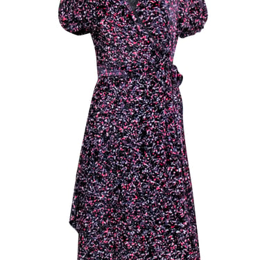 Diane von Furstenberg - Black w/ Pink &amp; Purple Velvet Burn Out Print Dress Sz M
