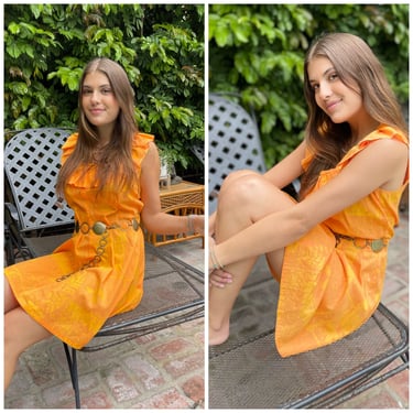 70s 80s Happy Vibrant Orange lil’ Dress ruffle collar dainty S M 