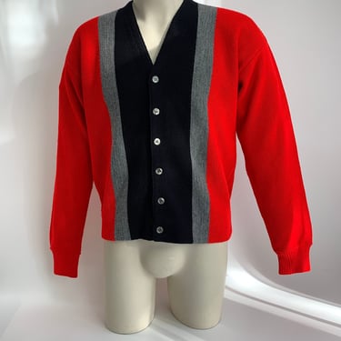 1960's MOD Cardigan Sweater - Red, Black & Gray Stripes - CASCADE SPORTSWEAR - Men's Size Large 