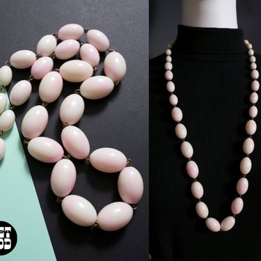 Lovely Vintage 50s Creamy Pink Beaded Long Necklace 