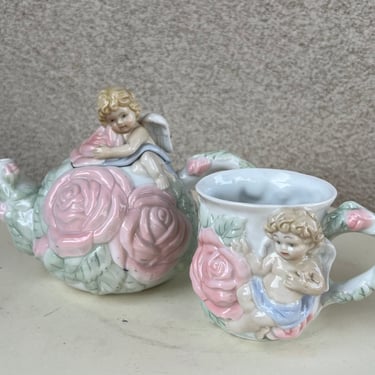 Vintage ceramic 3D Avon pastels cupid angel theme teapot with cup 